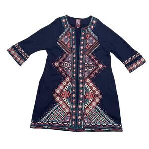 Johnny Was JWLA Women’s Embroidered Tunic Dress Navy Blue Boho 3/4 Sleeve Size M